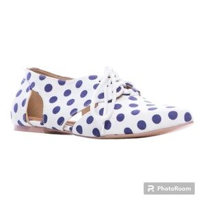 NWT BURJU Madelaina Pointed Toe Lace Up Oxford Flats | White & Blue | Size 11